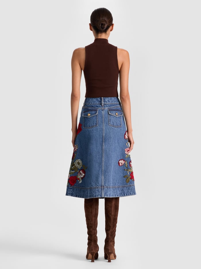 DAHLIA EMBROIDERED DENIM SKIRT - BROOKLYN BLUE/MULTI image 2 - Alice And Olivia