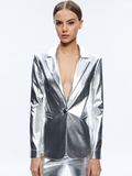 MACEY METALLIC VEGAN LEATHER BLAZER - SILVER