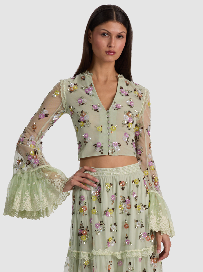 ALLEGRA EMBELLISHED TOP - LIGHT SAGE MULTI - ALICE + OLIVIA