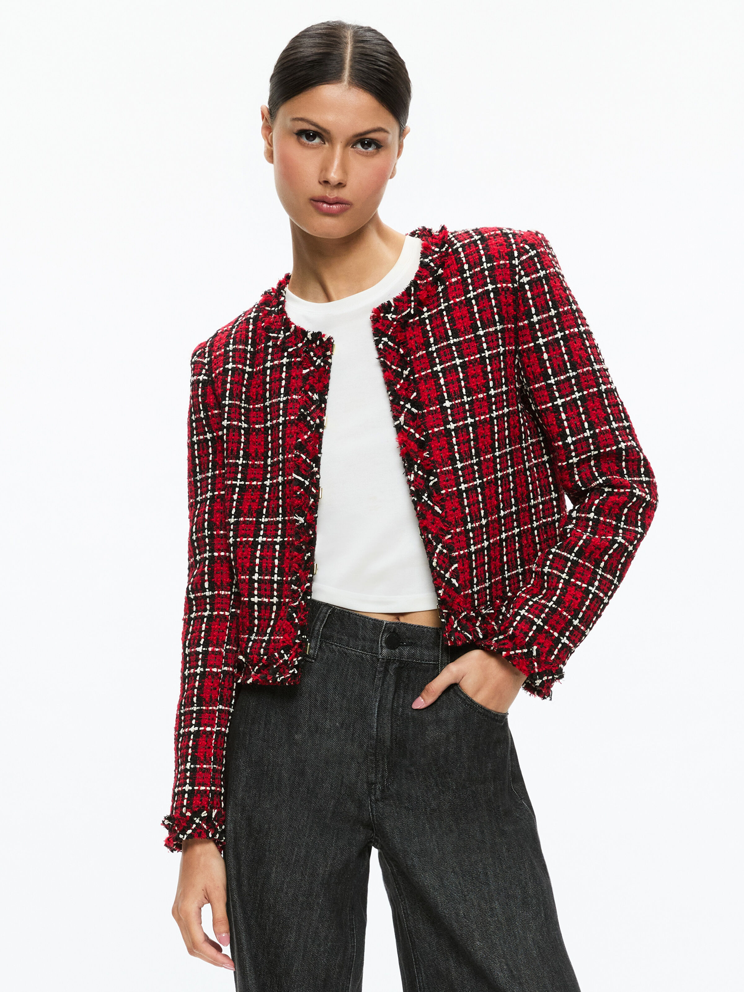 Kidman Jacket In Schoolgirl Plaid Bright Ruby Alice Olivia