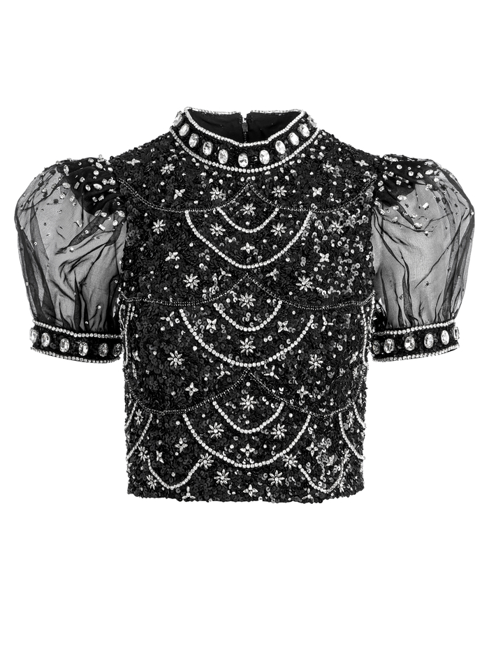 KRISTINA EMBELLISHED PUFF SLEEVE CROP TOP - BLACK/MULTI image 5 - Alice And Olivia