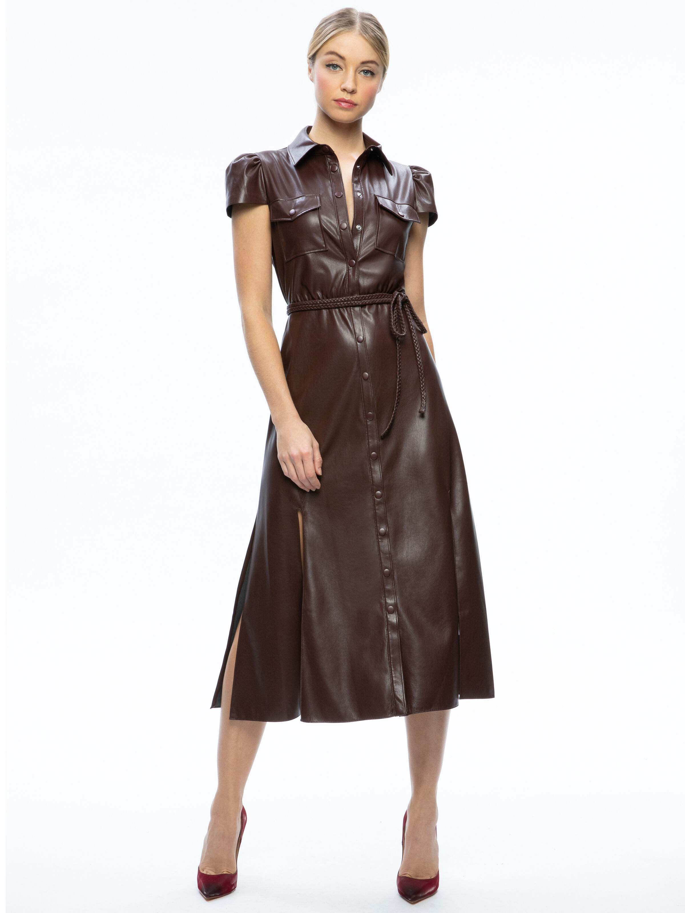 Leather midi hot sale dress with sleeves