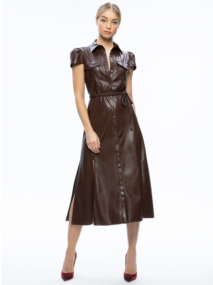 MIRANDA VEGAN LEATHER MIDI DRESS - TOFFEE - Alice And Olivia