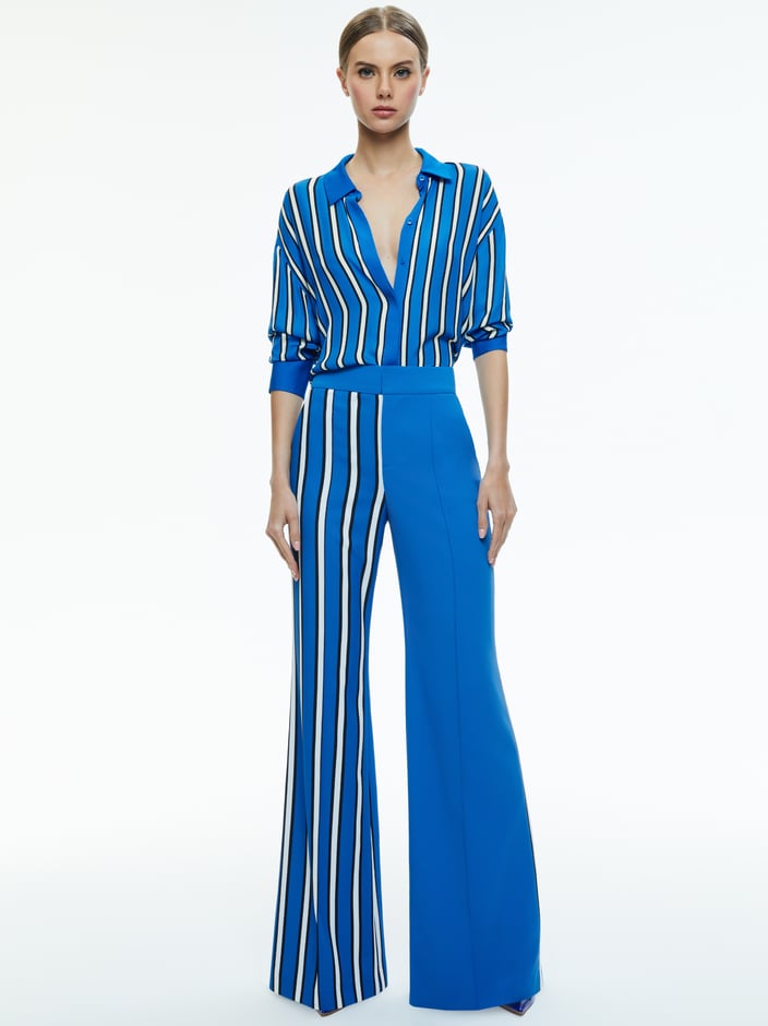 DIMITRA OVERSIZED HIGH LOW BUTTON DOWN SHIRT + DYLAN HIGH RISE COLORBLOCK PANT - 