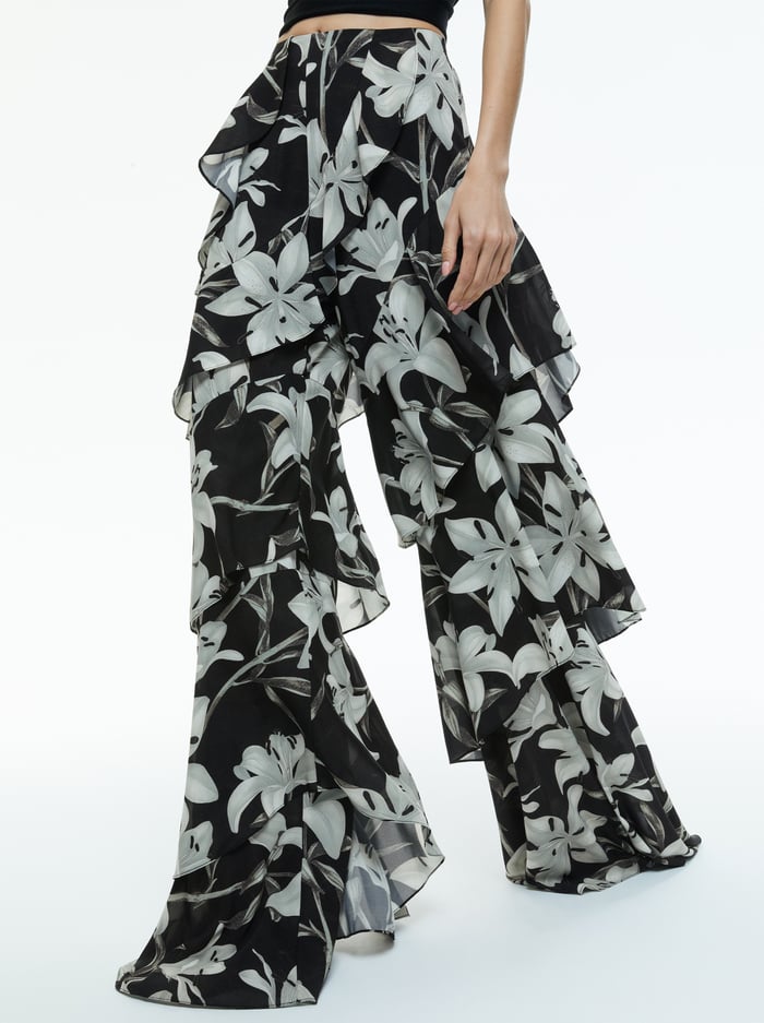 LOTUS HIGH RISE WIDE LEG RUFFLE PANT - STARGAZER BLACK LG - Alice And Olivia