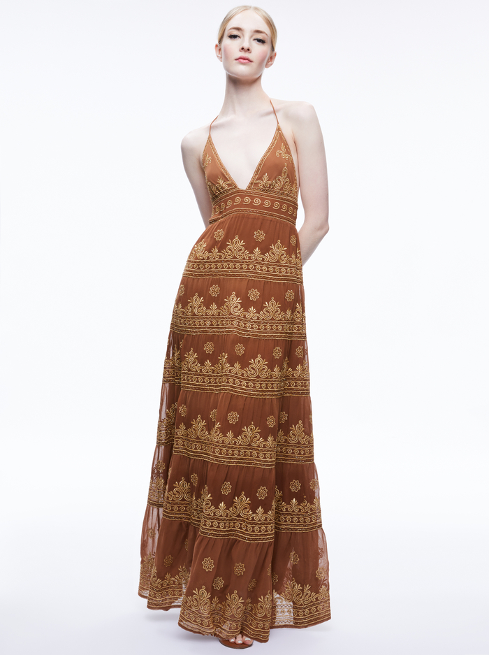 KAROLINA EMBROIDERED HALTER NECK MAXI DRESS - CAMEL/GOLD image 4 - Alice And Olivia