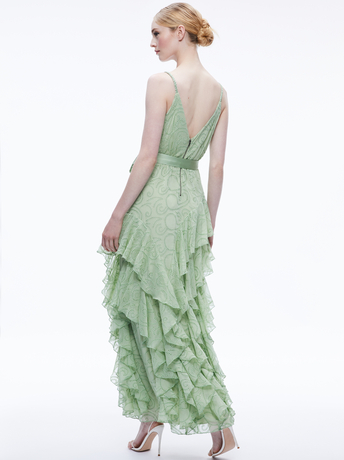 EMELIA V-NECK EYELET RUFFLE MAXI DRESS