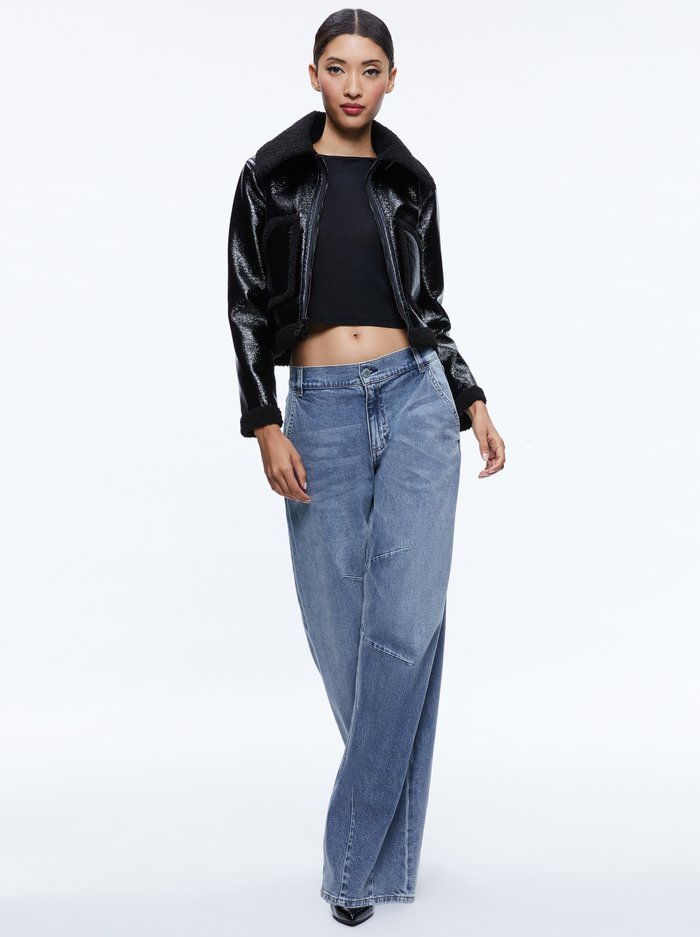 ISAIAH VEGAN LEATHER FAUX SHEARLING CROPPED JACKET - BLACK image 4 - Alice And Olivia
