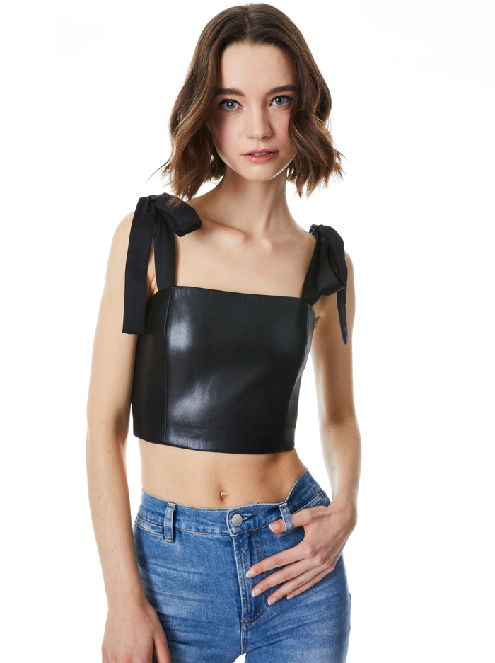 CASSIDY VEGAN LEATHER TIE STRAP TOP - BLACK - Alice And Olivia