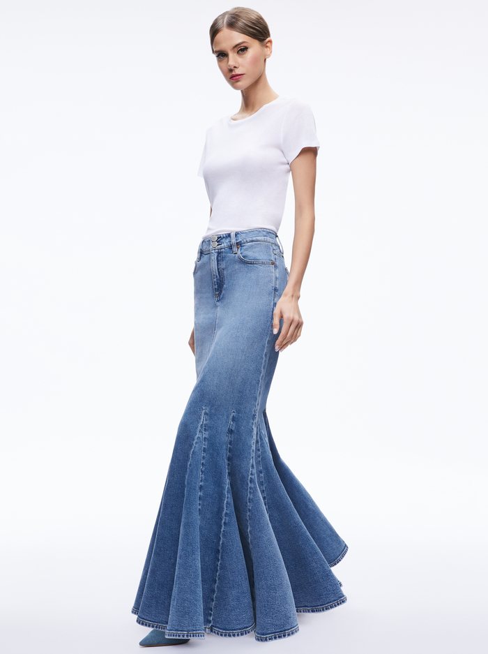 NALA DENIM GODET MAXI SKIRT - AVERY BLUE image 2 - Alice And Olivia