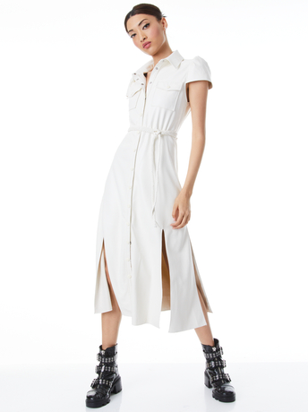 ECRU-MIRANDA SHORT SLEEVE VEGAN LEATHER MIDI DRESS
