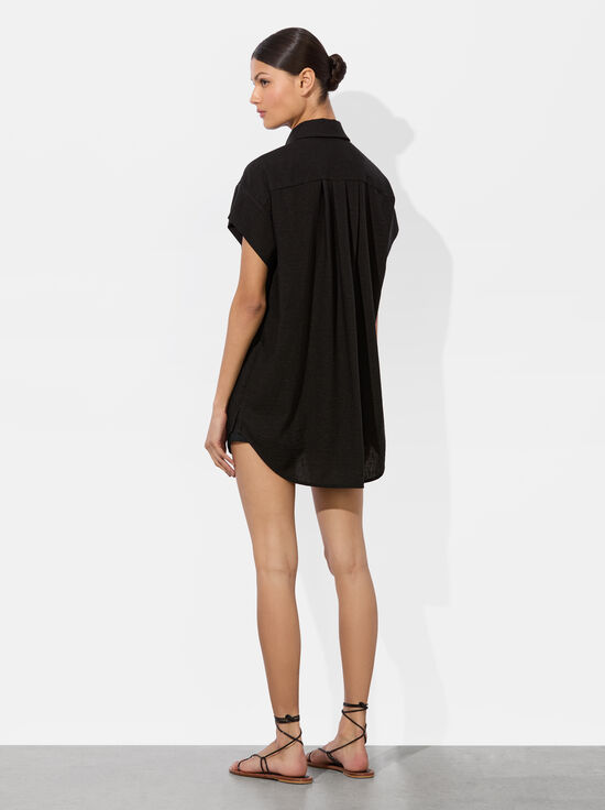 BLACK-FINELY SHORT SLEEVE BUTTON DOWN