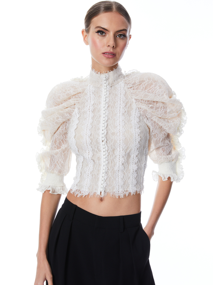 BRENNA BUTTON FRONT RUFFLE SLEEVE CROP TOP - ECRU - Alice And Olivia