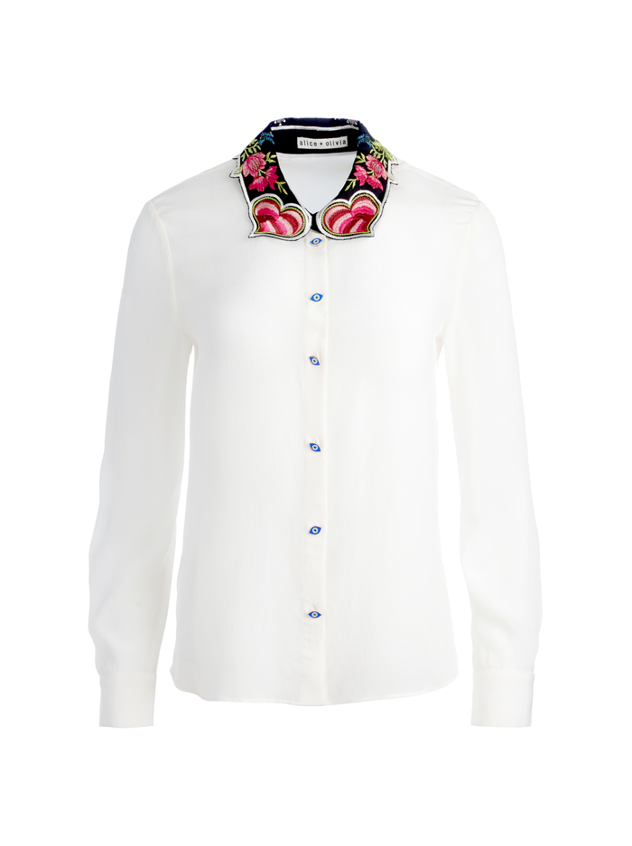 WILLA EMBROIDERED COLLAR PLACKET TOP - ECRU image 5 - Alice And Olivia