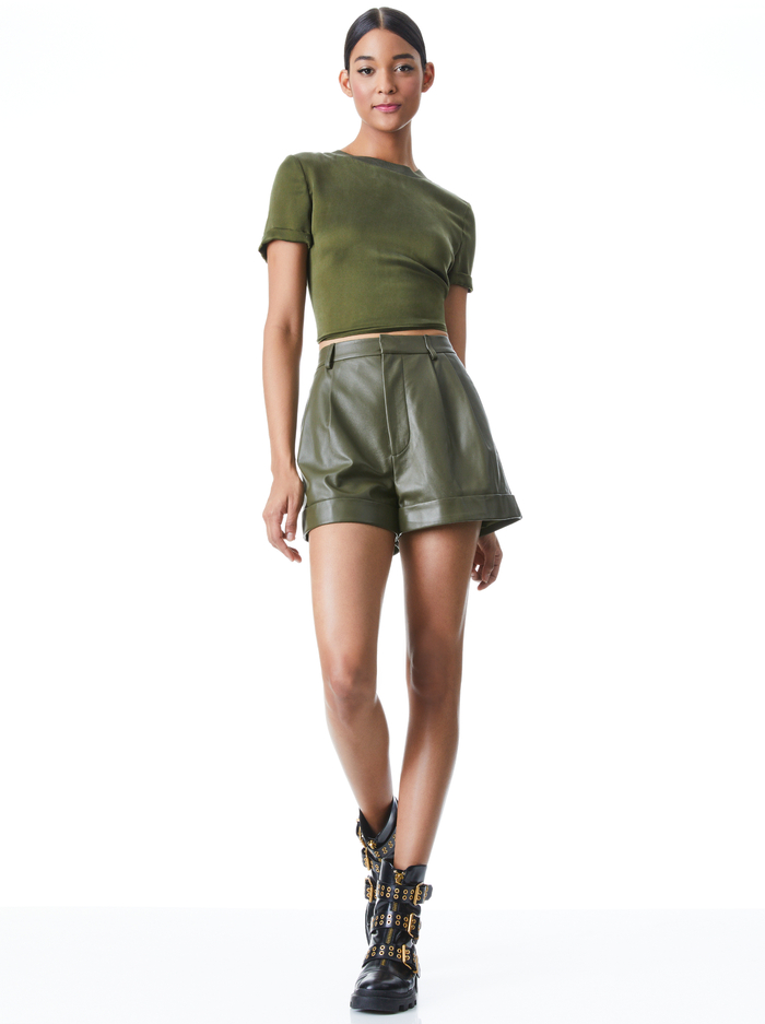 CONRY LEATHER PLEATED CUFF SHORTS - OLIVE image 6 - Alice And Olivia