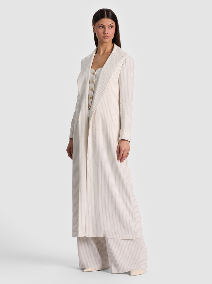 SHELIA LINEN MAXI BLAZER - OFF WHITE/BLACK PINSTRIPE image 1 - ALICE + OLIVIA