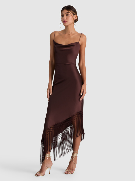 DARK CHOCOLATE-HARMONY ASYMMETRICAL FRINGE MAXI DRESS
