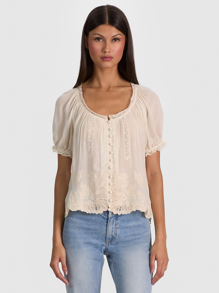 ODETTE EMRBOIDERED PUFF SLEEVE TOP - VANILLA/VANILLA - ALICE + OLIVIA