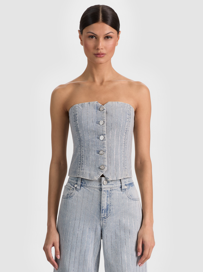 KELCEY STRAPLESS EMBELLISHED DENIM VEST - ROCKSTAR BLUE/CLEAR CRYSTAL PI image 1 - ALICE + OLIVIA