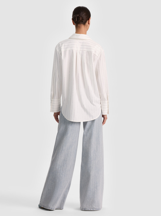 OFF WHITE/CLEAR CRYSTAL PINSTR-FINELY EMBELLISHED OVERSIZED BUTTON DOWN