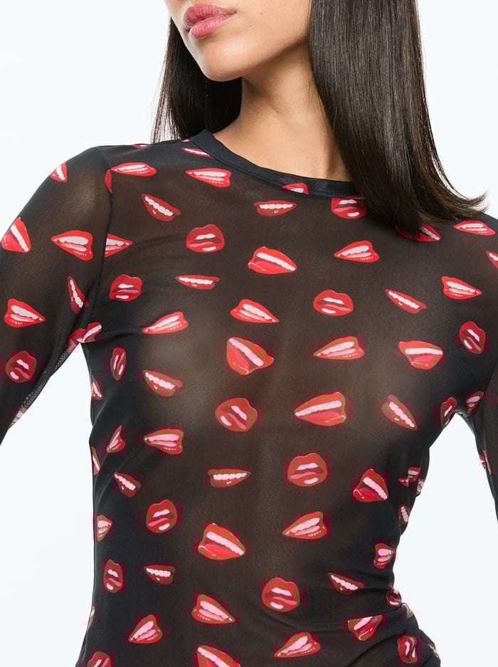 A+O X TOM WESSELMANN DELAINA MESH LONG SLEEVE TOP - LIP SYNC BLACK image 3 - Alice And Olivia
