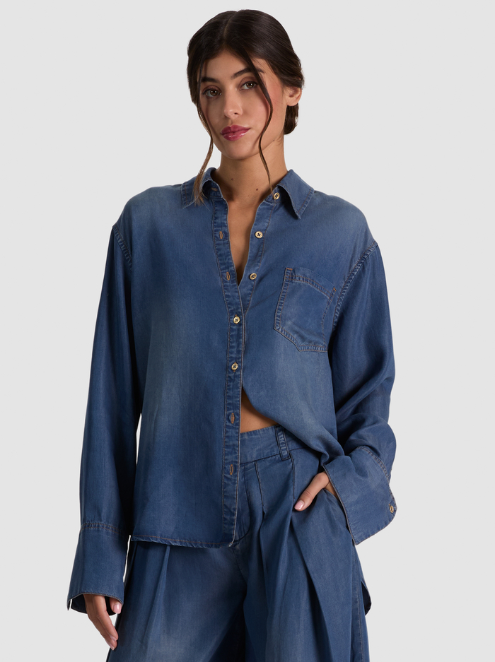 FINELY OVERSIZED DENIM BUTTON DOWN - BROOKLYN BLUE - ALICE + OLIVIA