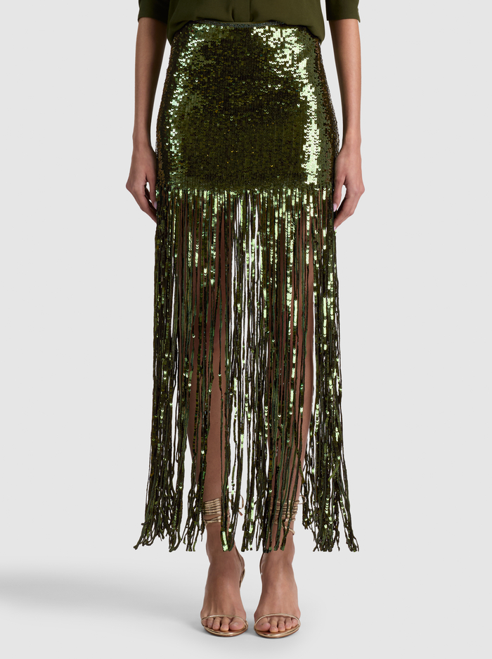 KENDRA SEQUIN FRINGE MAXI SKIRT - DARK FERN - ALICE + OLIVIA