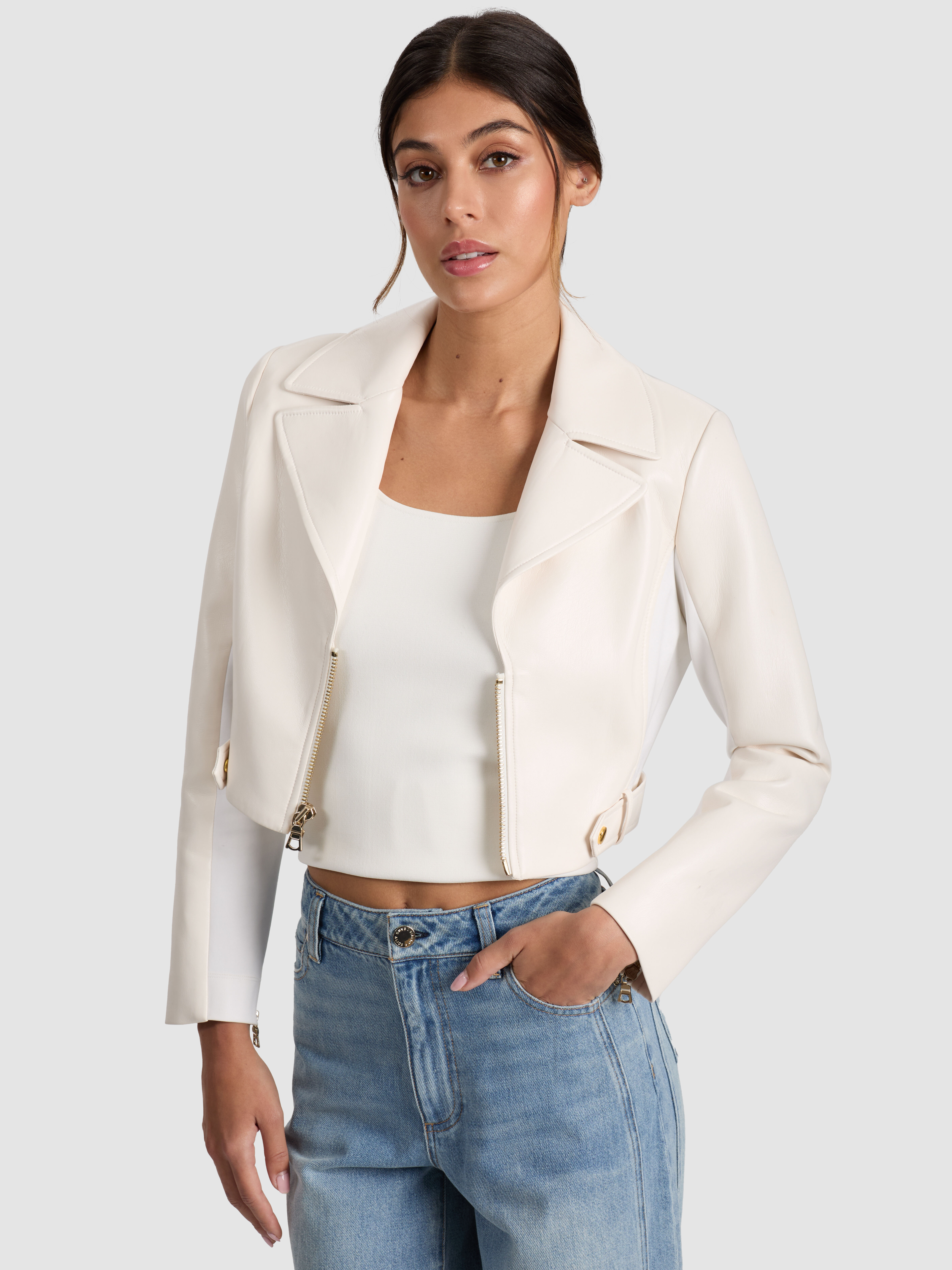 Yardley Vegan Leather Jacket In Off White | Alice + Olivia