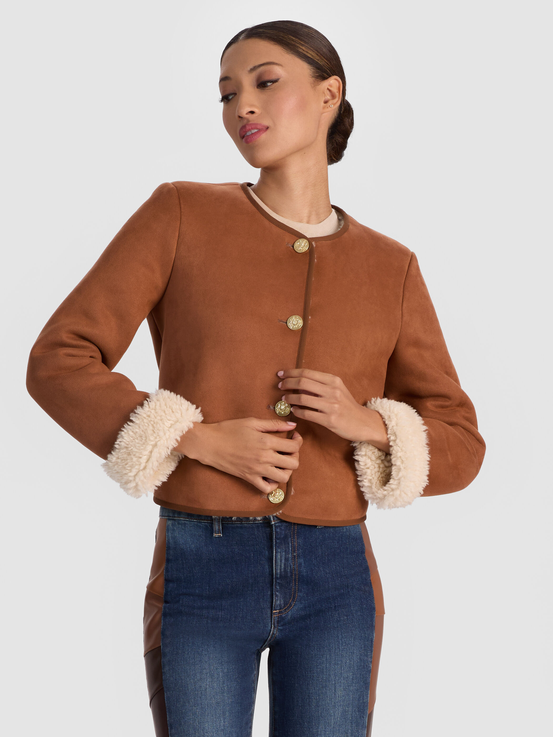 ALMA VEGAN SUEDE TEDDY JACKET in OFF WHITE/CAMEL | ALICE + OLIVIA
