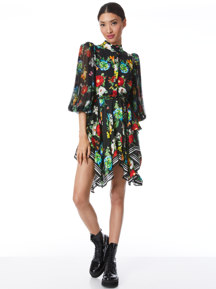MILDA BUTTON FRONT BELTED MINI DRESS - ATRIUM FLORAL SM - Alice And Olivia
