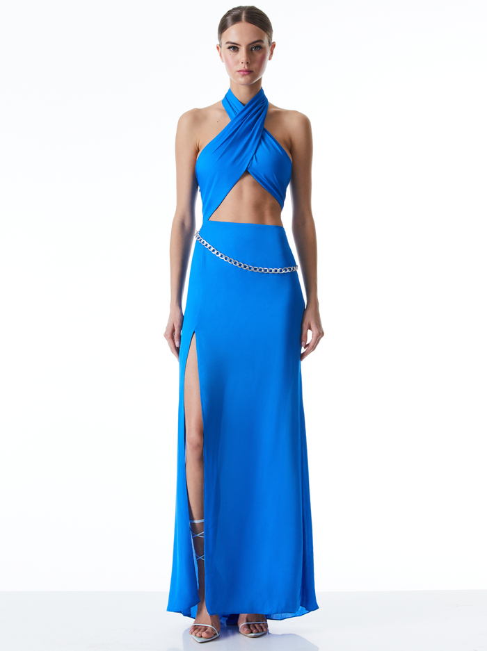 MAY HALTER NECK CHAIN WAIST GOWN - PALACE BLUE - Alice And Olivia