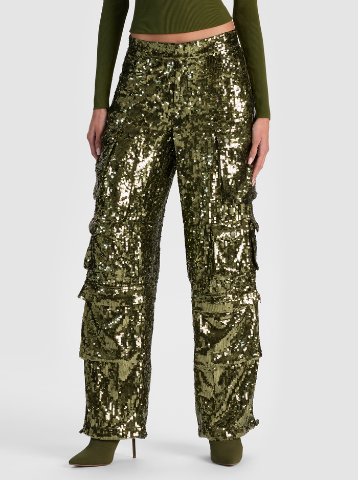 OLYMPIA SEQUIN CARGO PANT - DARK OLIVE - ALICE + OLIVIA