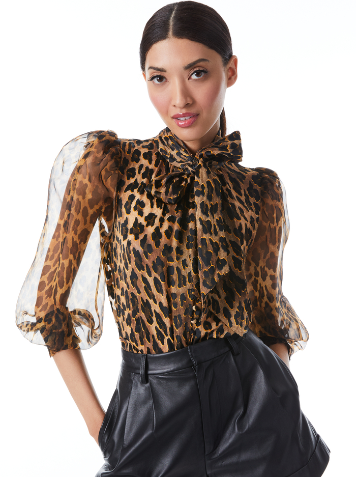 BRENTLEY TIE NECK BLOUSON SLEEVE BLOUSE - SPOTTED LEOPARD DARK TAN - Alice And Olivia