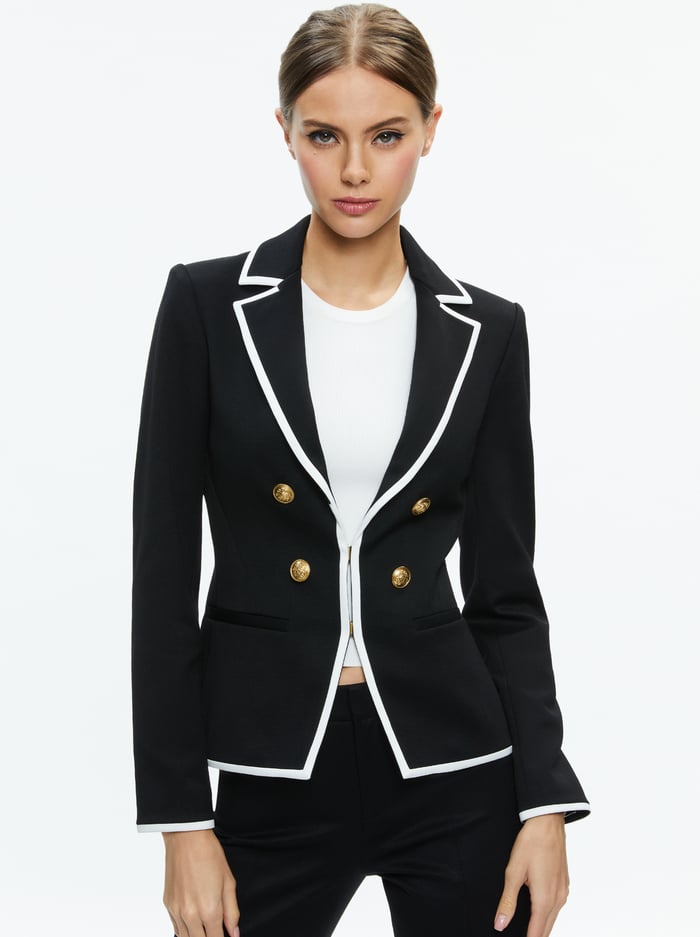 MYA CONTRAST PIPING FITTED BLAZER - BLACK/OFF WHITE - Alice And Olivia