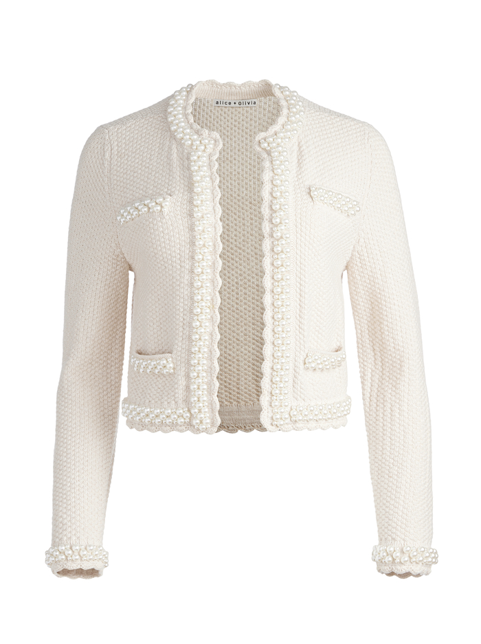 NOELLA KNIT JACKET WITH PEARLS - SAND MARL/PEARL image 5 - Alice And Olivia