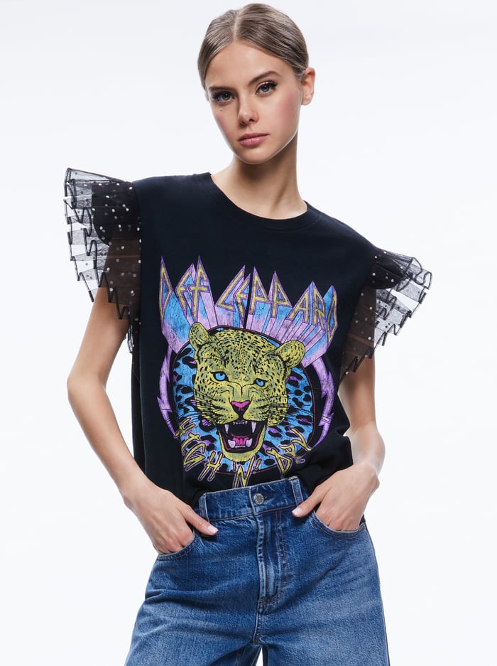 MILLER TEE WITH TULLE PUFF SLEEVES - BLACK/MULTI - Alice And Olivia