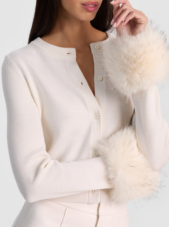 SOFT WHITE-DOLLIE FAUX FUR CUFF CARDIGAN