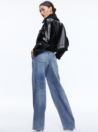 BLACK-ISAIAH VEGAN LEATHER FAUX SHEARLING CROPPED JACKET