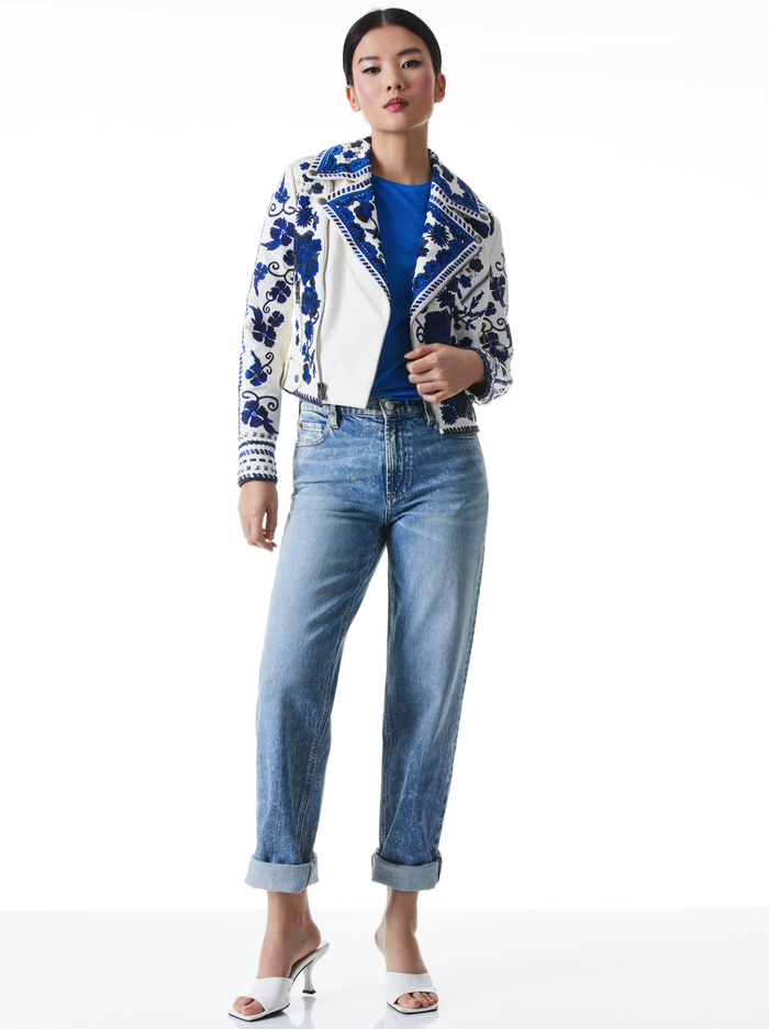 CODY EMBROIDERED LEATHER MOTO JACKET - WHITE/MULTI image 4 - Alice And Olivia