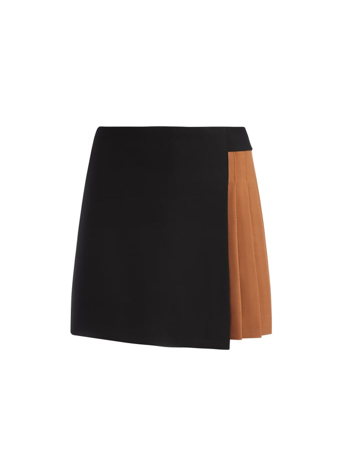 Toni Asymmetrical Pleated Mini Skirt In Black/camel | Alice And Olivia