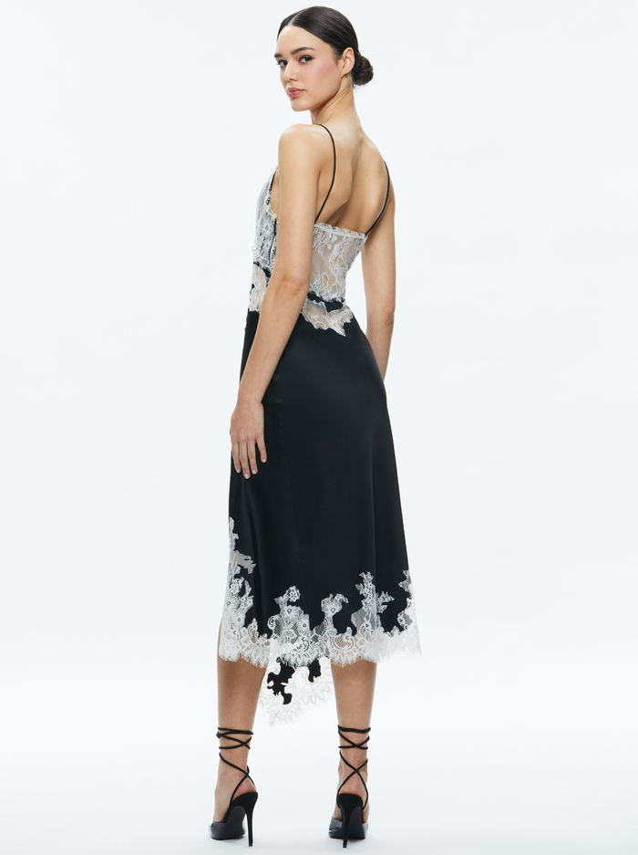 DAPHNE LACE ASYMMETRICAL SLIT MIDI DRESS - BLACK/OFF WHITE image 1 - Alice And Olivia