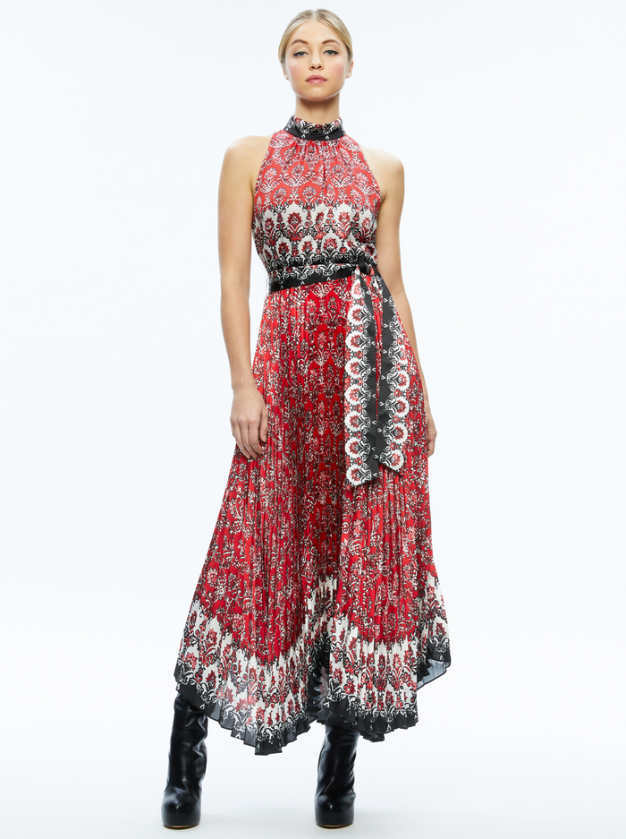 MERTIE MOCK NECK PLEATED MAXI DRESS - ALLURE MEDALLION - Alice And Olivia