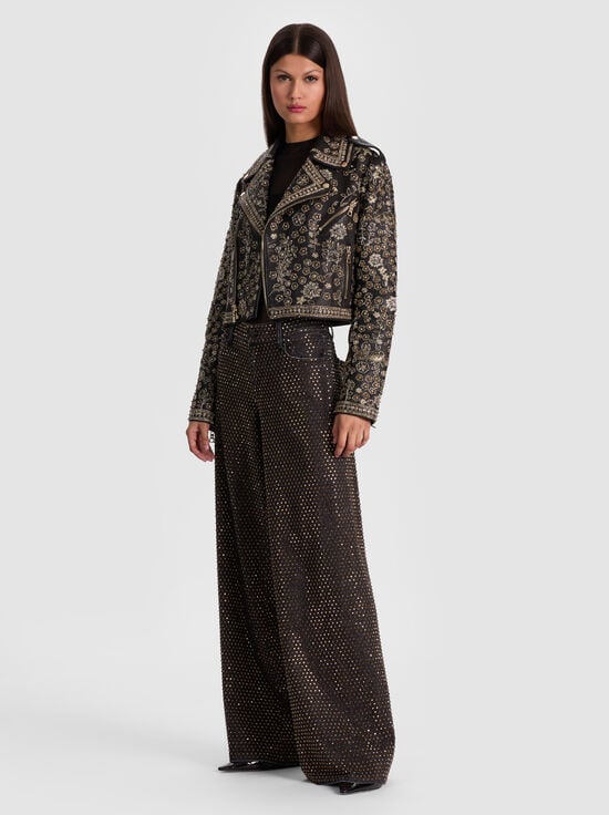 BLACK/MULTI-CODY EMBELLISHED LEATHER JACKET