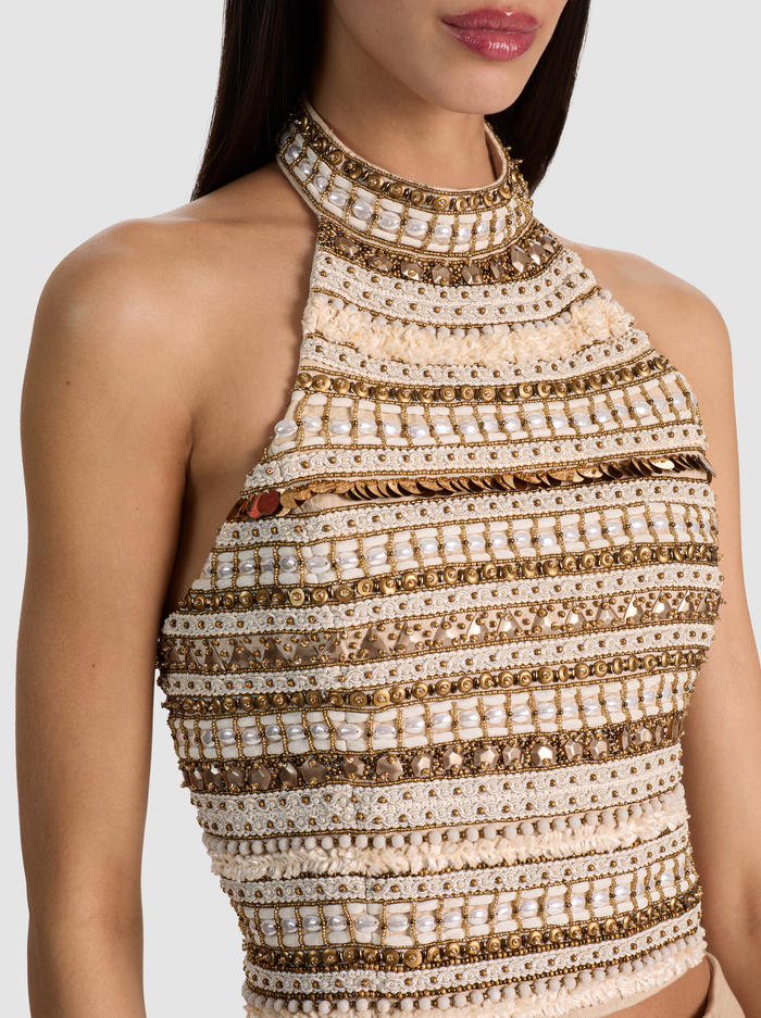 GATZ LINEN EMBELLISHED TOP - OATMEAL/MULTI image 4 - ALICE + OLIVIA