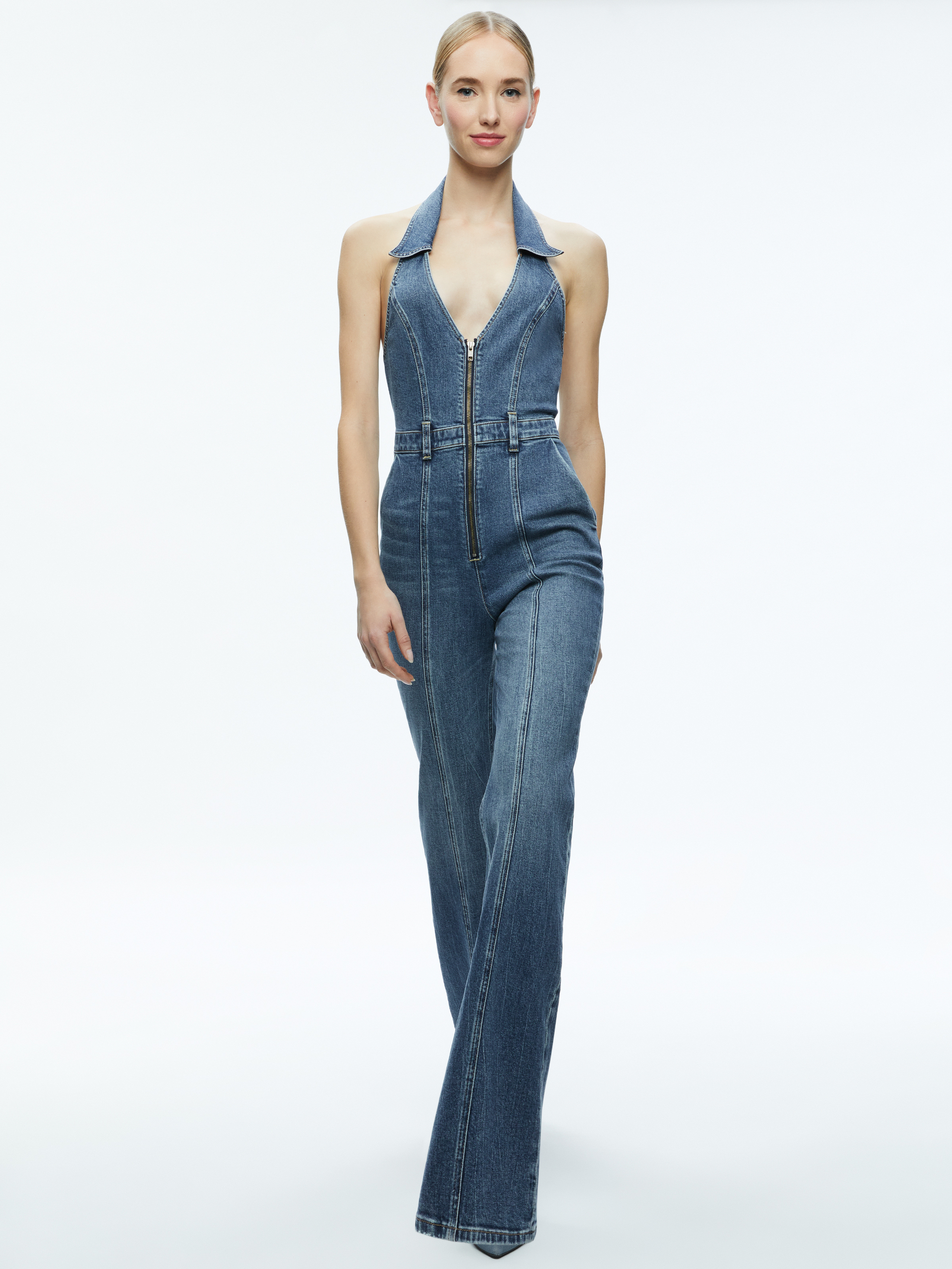 Noemi Halter Neck Denim Jumpsuit In True Blues Dark | Alice + Olivia