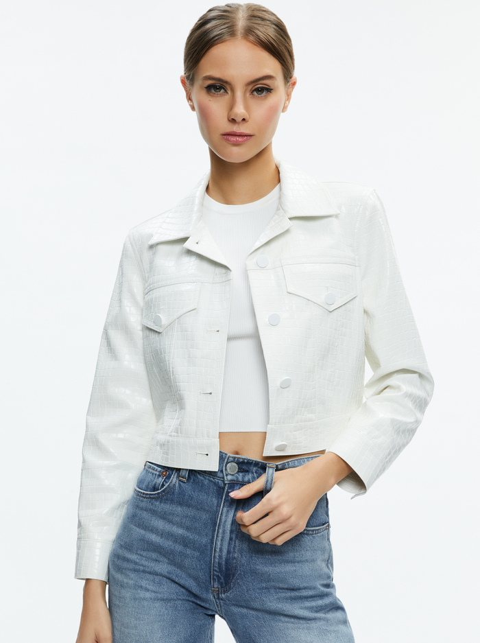 Chloe Vegan Leather Cropped Jacket In White | Alice And Olivia