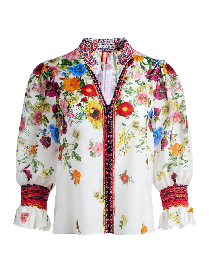 ILAN SMOCKED SLEEVE BUTTON FRONT BLOUSE - SUNDAY STROLL OFF WHITE/MULTI image 5 - Alice And Olivia