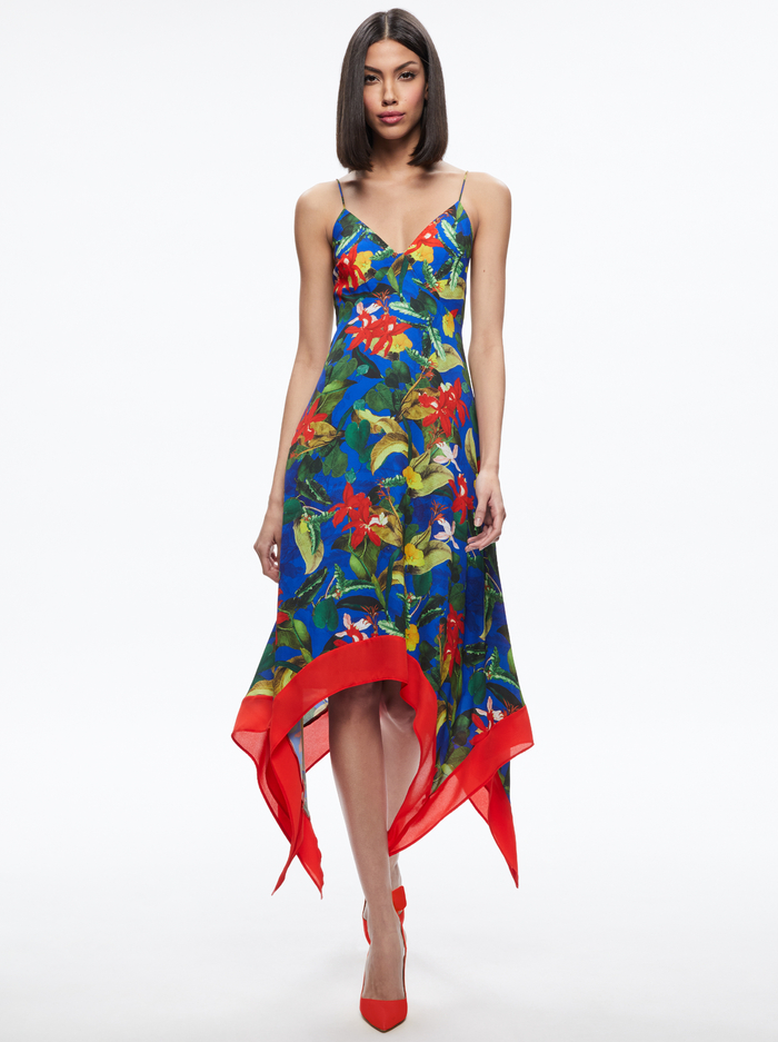 KAYSON V-NECK HANDKERCHIEF HEM DRESS - TROPICAL SUNRISE SAPPHIRE - Alice And Olivia