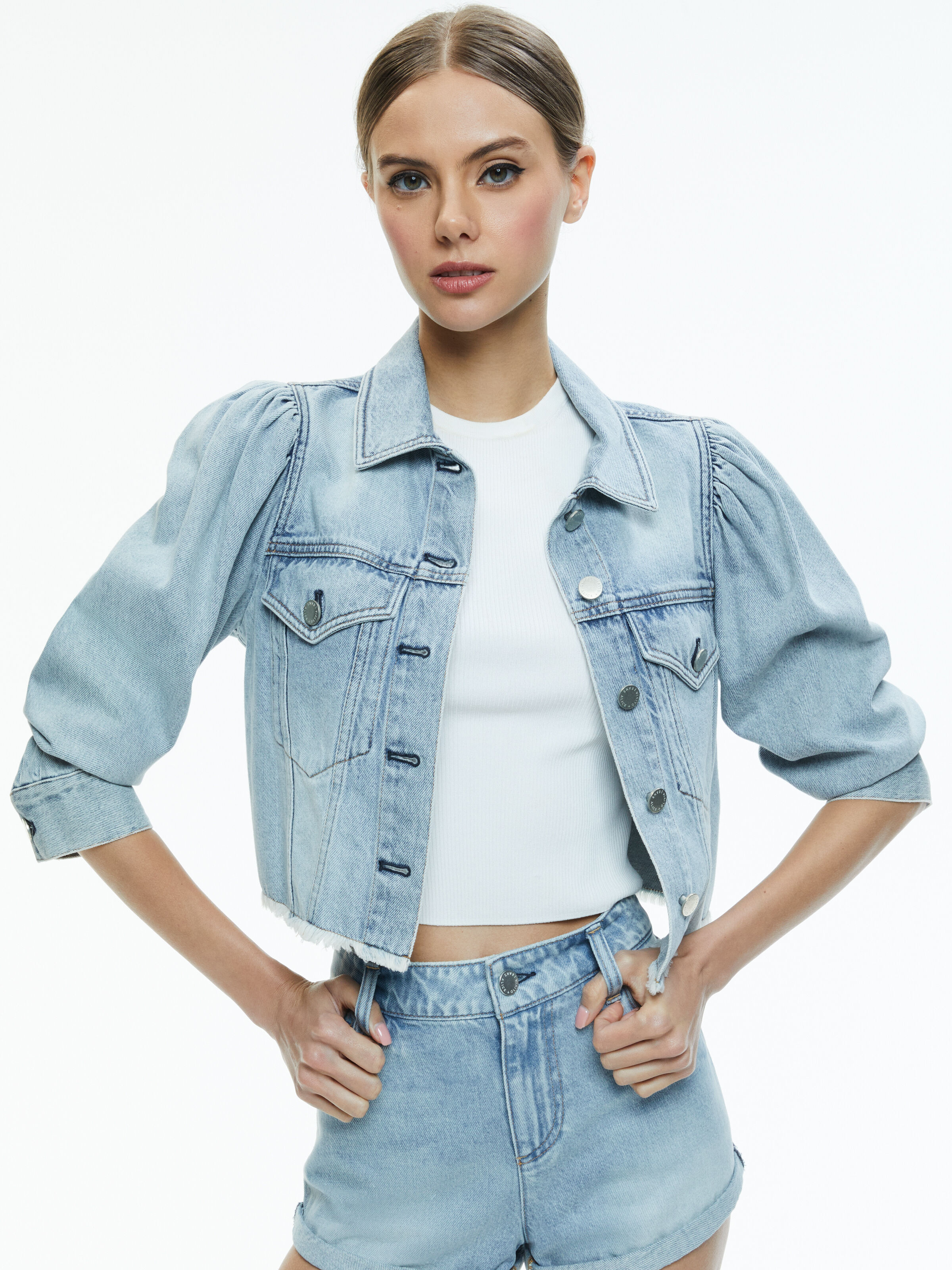 Cropped denim jacket puff sleeves store