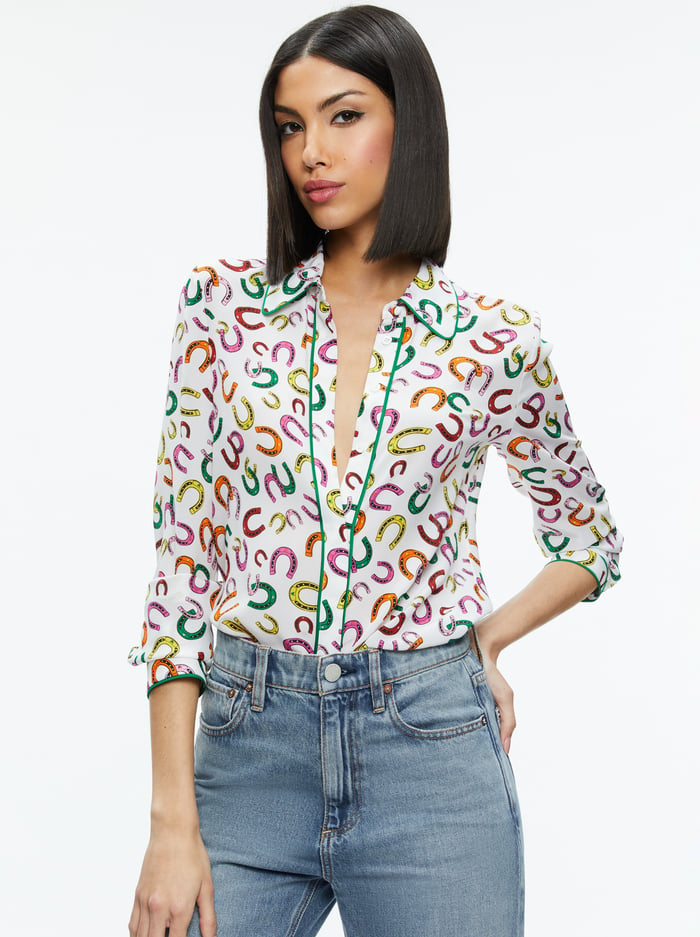 WILLA PLACKET TOP WITH PIPING - LUCKY YOU - Alice And Olivia